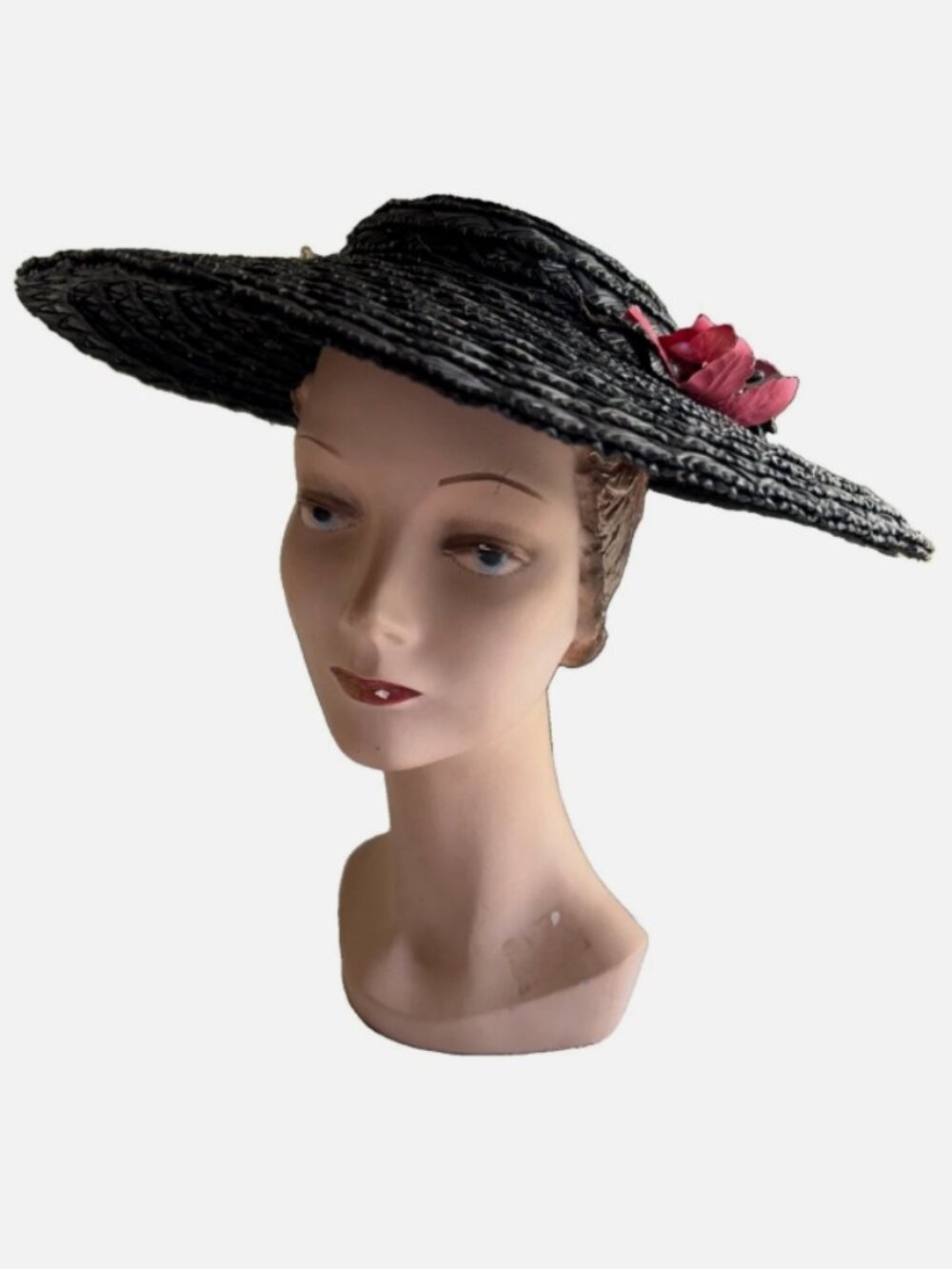 ✨ 1940s Black Straw Picture Hat with Pink Floral Trim ✨